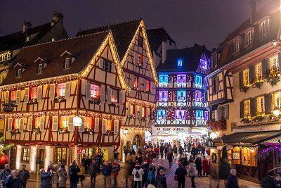 Christmas decorations and half-timbered houses in Colmar
