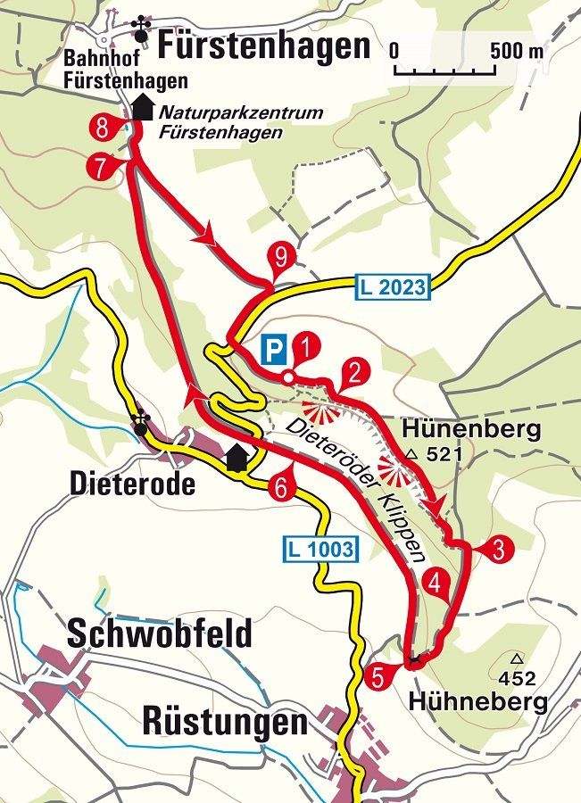 Überblick Karte Wanderung zu den Dieteröder Klippen