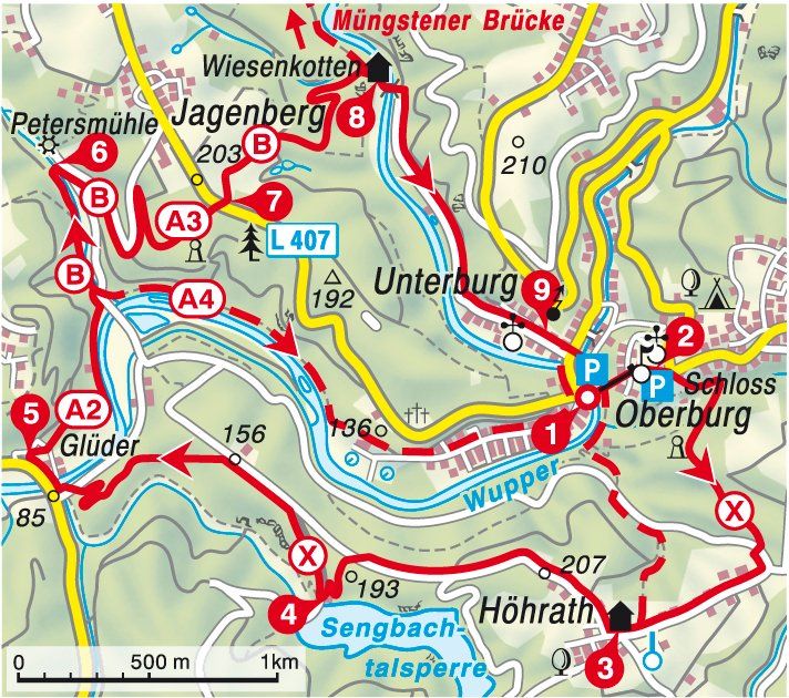 Karte und Varianten der Wanderung durch das Tal der Wupper