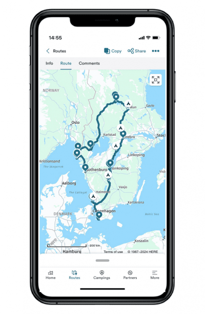 Screenshot: route in Sweden in the Freeontour app
