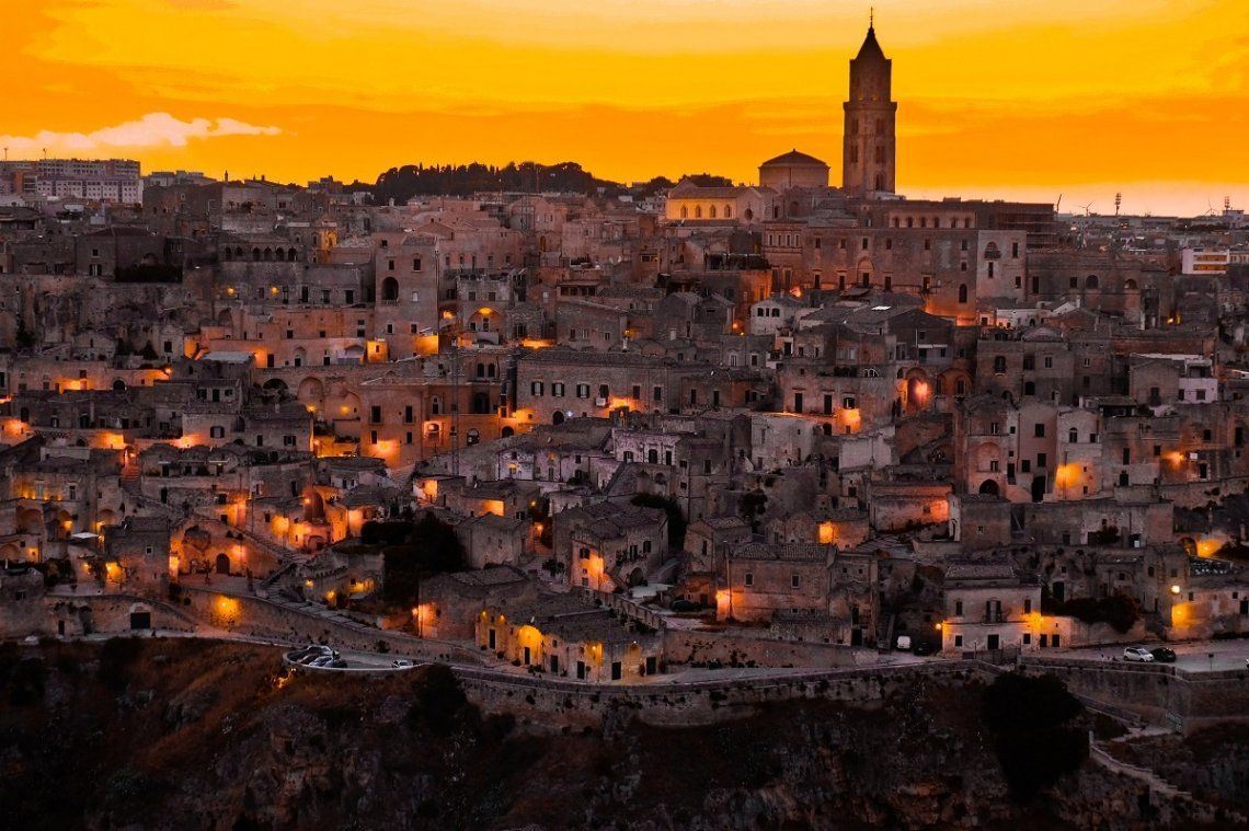 Matera, the city of caves by sundown