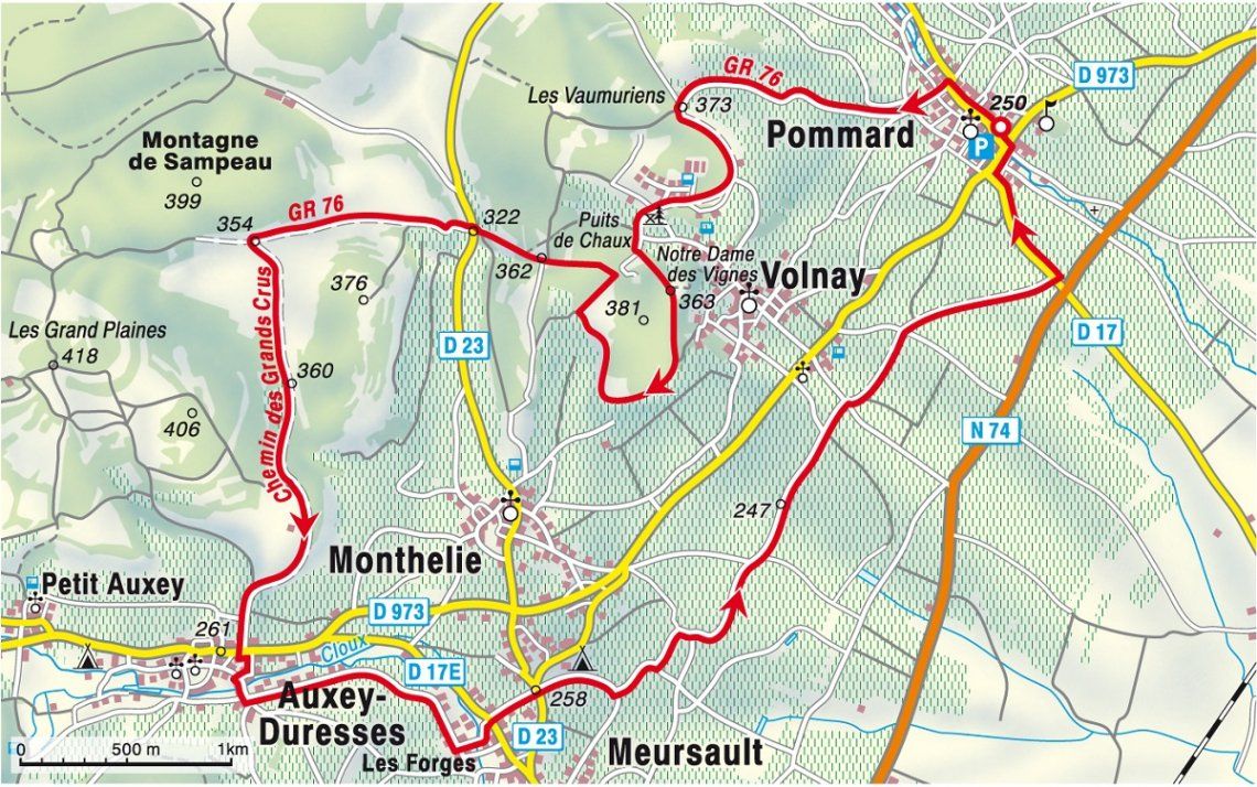 Karte Wanderung Weinberge Côte de Beaune