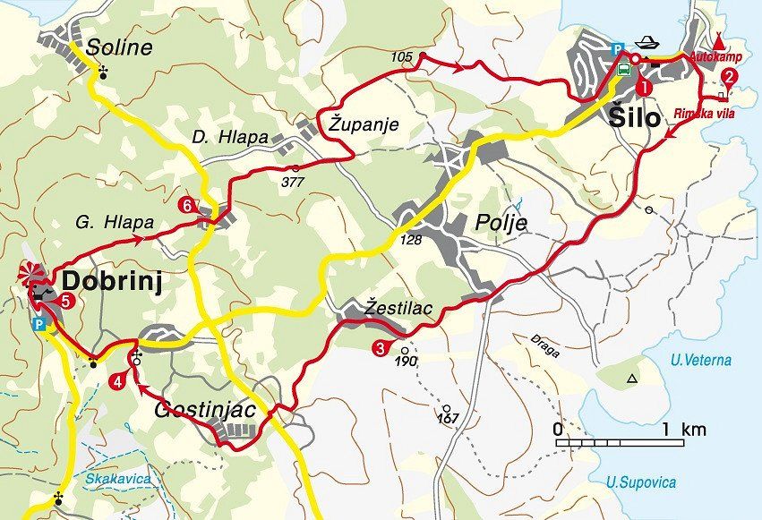 Karte der Rundwanderung zwischen Silo und Dobrinj auf Krk 