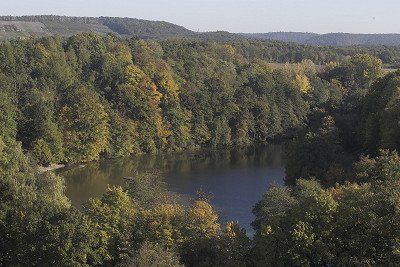 Blick von oben auf den Tiefen See umgeben von Wald